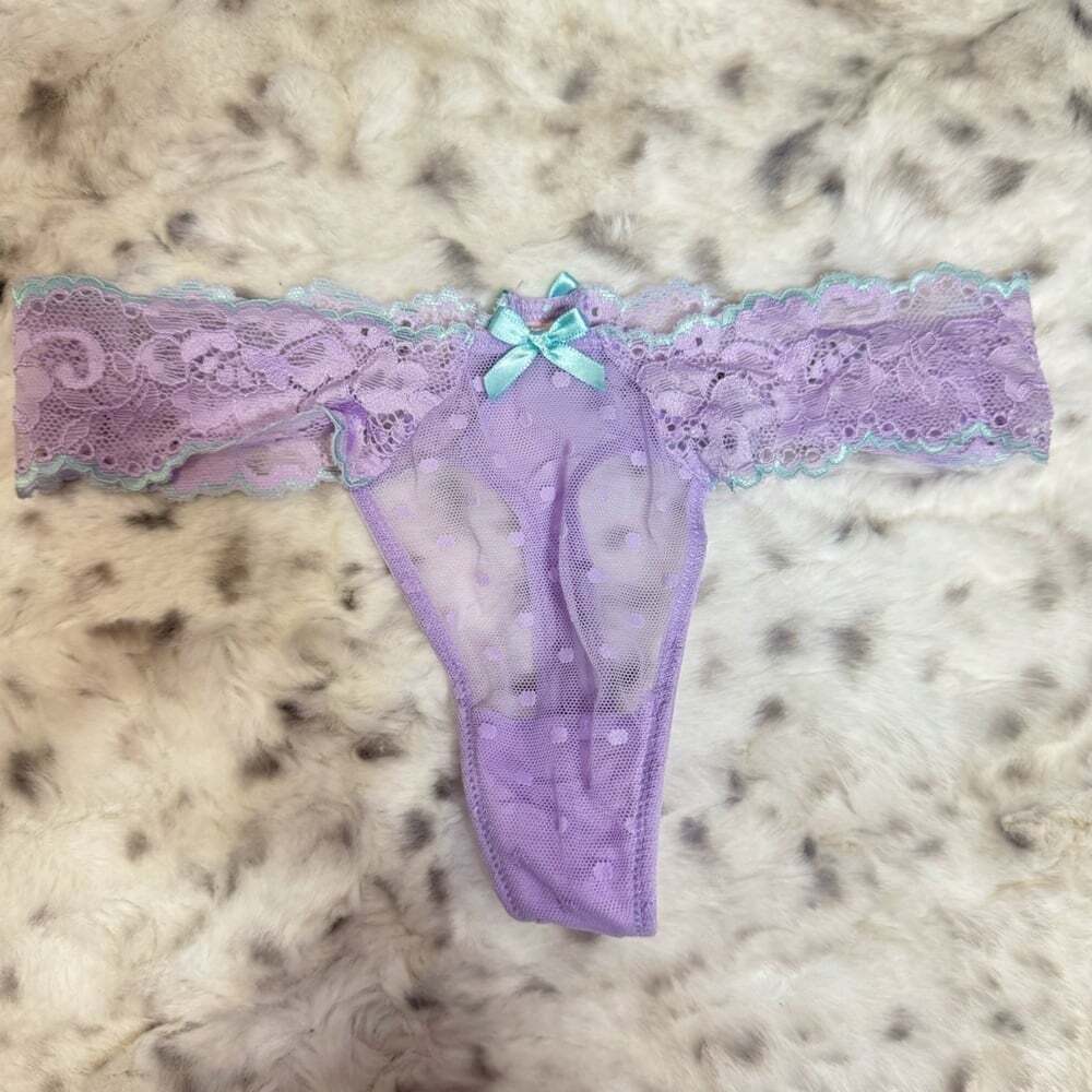 Victoria secret thong panties purple polka dot mesh light baby blue ribbon bow